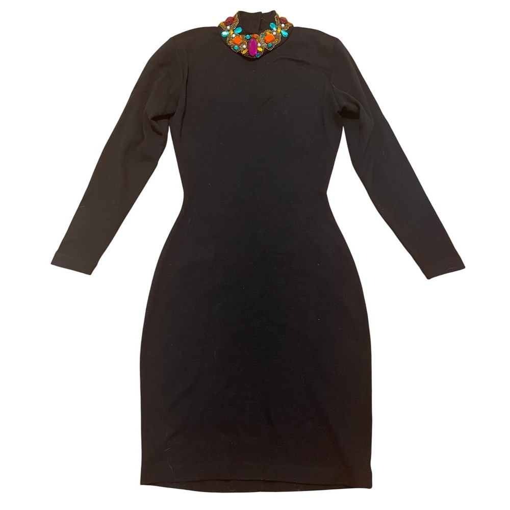 Vintage 80s 90s Fusion Black‎ Bodycon Sweater Dress Jeweled Embellished Collar S
